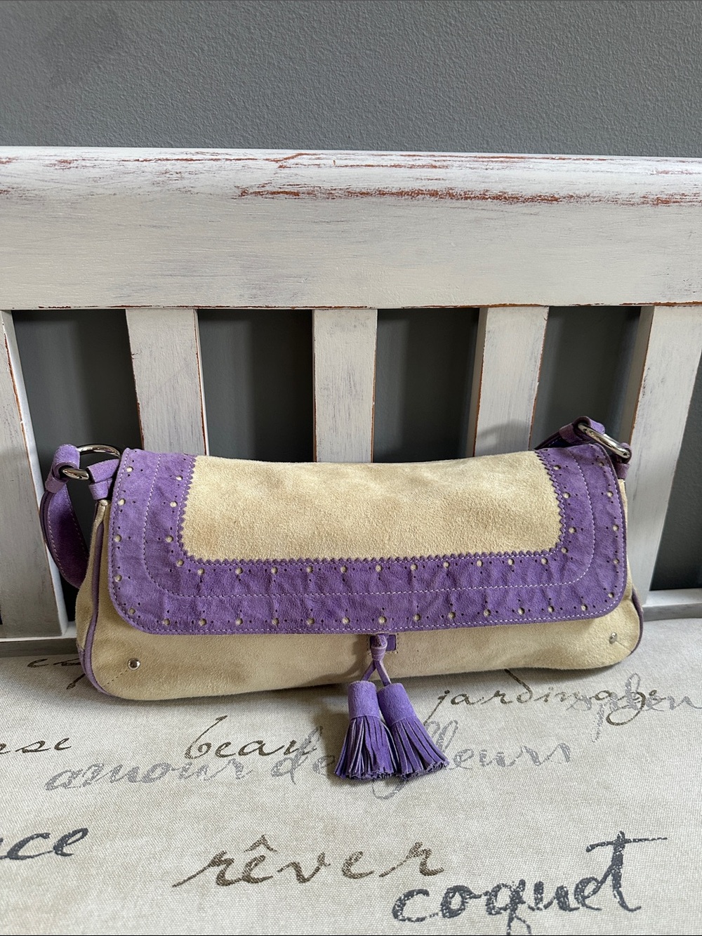 Authentic Burberry Purple and Cream Suede Shoulder Bag